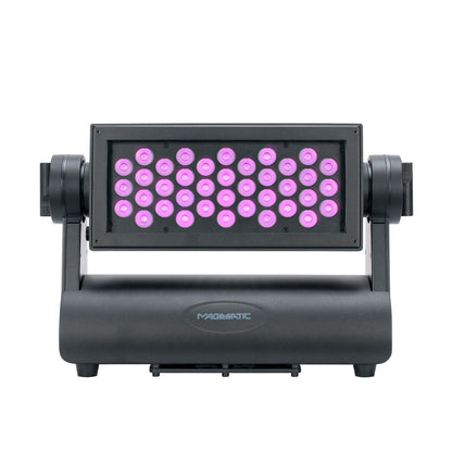 The Magmatic Prisma Wash 25 - 365nm is a black LED stage light fixture featuring 36 circular pink UV-A lights arranged in a rectangular grid, mounted on a robust U-shaped base with the Magmatic branding. Ideal for both indoor and outdoor events, this wash fixture delivers vibrant ultraviolet effects perfect for enhancing any atmosphere.
