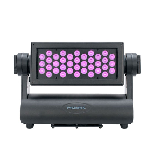 The Magmatic Prisma Wash 25 - 365nm is a black LED stage light fixture featuring 36 circular pink UV-A lights arranged in a rectangular grid, mounted on a robust U-shaped base with the Magmatic branding. Ideal for both indoor and outdoor events, this wash fixture delivers vibrant ultraviolet effects perfect for enhancing any atmosphere.