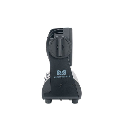 A front view of a compact black stage light labeled “Magmatic Prisma Wash 25 - 365nm” by Magmatic against a white background. The outdoor-rated blacklight UV-A wash fixture features a round lens and a control knob visible on top.