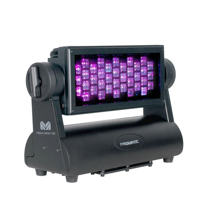 A black Magmatic Prisma Wash 100 - 365nm stage light fixture features a rectangular panel with multiple purple LED lights and sits on a rotating base—this IP65-rated flood light delivers powerful 365nm UV-A output for dependable outdoor blacklight effects.