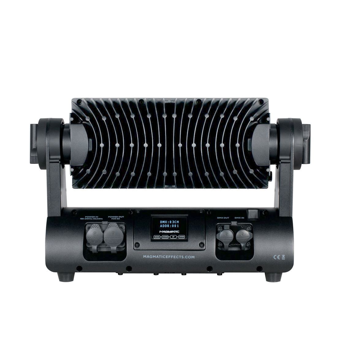 A black Magmatic Prisma Wash 100 - 365nm electronic stage light from Magmatic, featuring a ribbed cooling panel, control ports, and a digital display on the back, is positioned against a plain white background. This versatile IP65-rated flood light is equipped with a powerful 365nm UV-A LED for reliable outdoor blacklight effects.