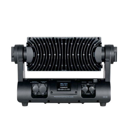 A black Magmatic Prisma Wash 100 - 365nm electronic stage light from Magmatic, featuring a ribbed cooling panel, control ports, and a digital display on the back, is positioned against a plain white background. This versatile IP65-rated flood light is equipped with a powerful 365nm UV-A LED for reliable outdoor blacklight effects.