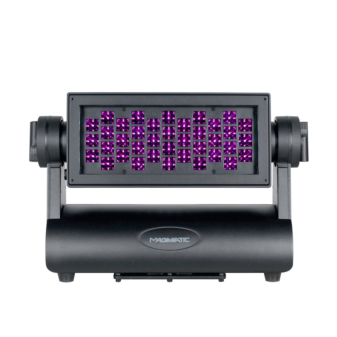The Magmatic Prisma Wash 100 - 365nm by Magmatic is a black LED stage light fixture featuring a rectangular panel with multiple small purple lights. This IP65-rated flood light, mounted on a swiveling base labeled “MAGMATIC,” utilizes 365nm UV-A LED technology to deliver vibrant illumination suitable for indoor and outdoor blacklight effects.