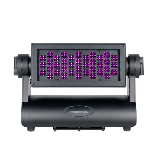 The Magmatic Prisma Wash 100 - 365nm by Magmatic is a black LED stage light fixture featuring a rectangular panel with multiple small purple lights. This IP65-rated flood light, mounted on a swiveling base labeled “MAGMATIC,” utilizes 365nm UV-A LED technology to deliver vibrant illumination suitable for indoor and outdoor blacklight effects.