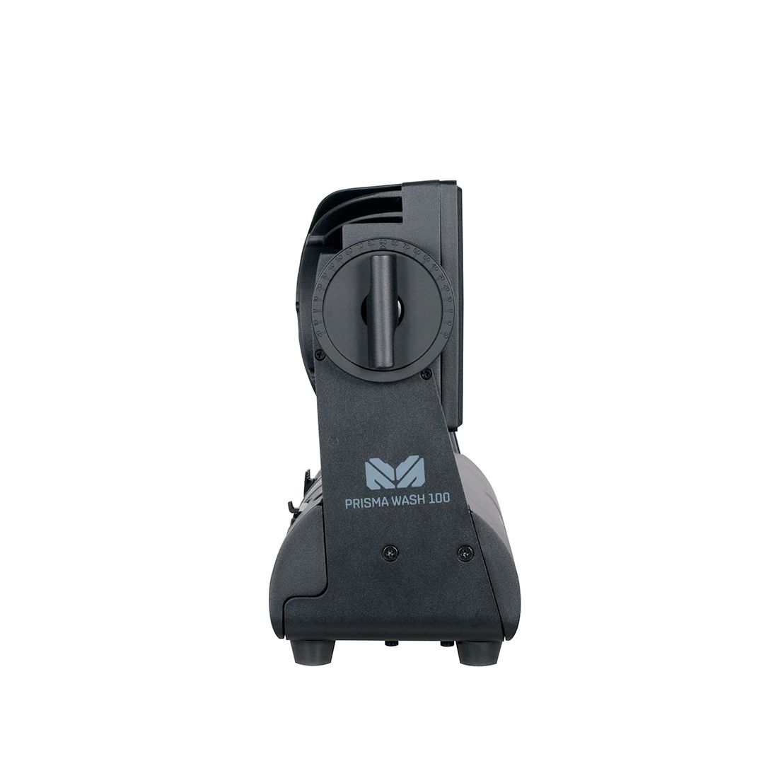 A black Magmatic Prisma Wash 100 - 365nm stage light fixture by Magmatic is shown from the side, featuring a circular adjustment knob and a sleek, modern design against a white background. Rated IP65, this versatile fixture functions as both an indoor and outdoor flood light.