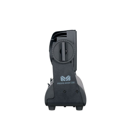 A black Magmatic Prisma Wash 100 - 365nm stage light fixture by Magmatic is shown from the side, featuring a circular adjustment knob and a sleek, modern design against a white background. Rated IP65, this versatile fixture functions as both an indoor and outdoor flood light.