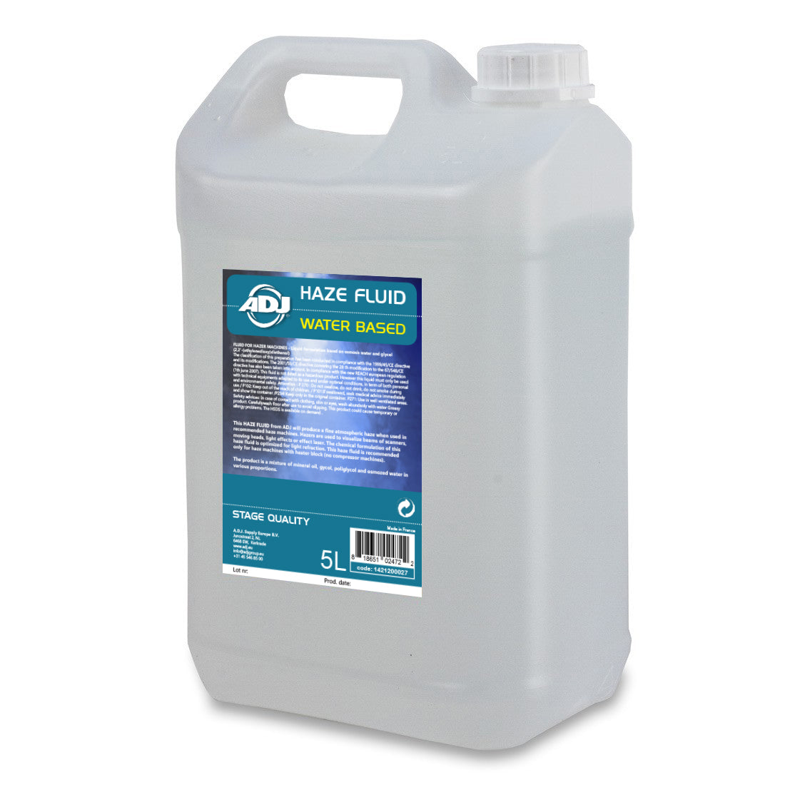 The ADJ Haze Fluid Water Based 5 Litre is a clear plastic container with handle and screw cap, ideal for fog generators to create premium haze effects for stage productions. Brand: ADJ.