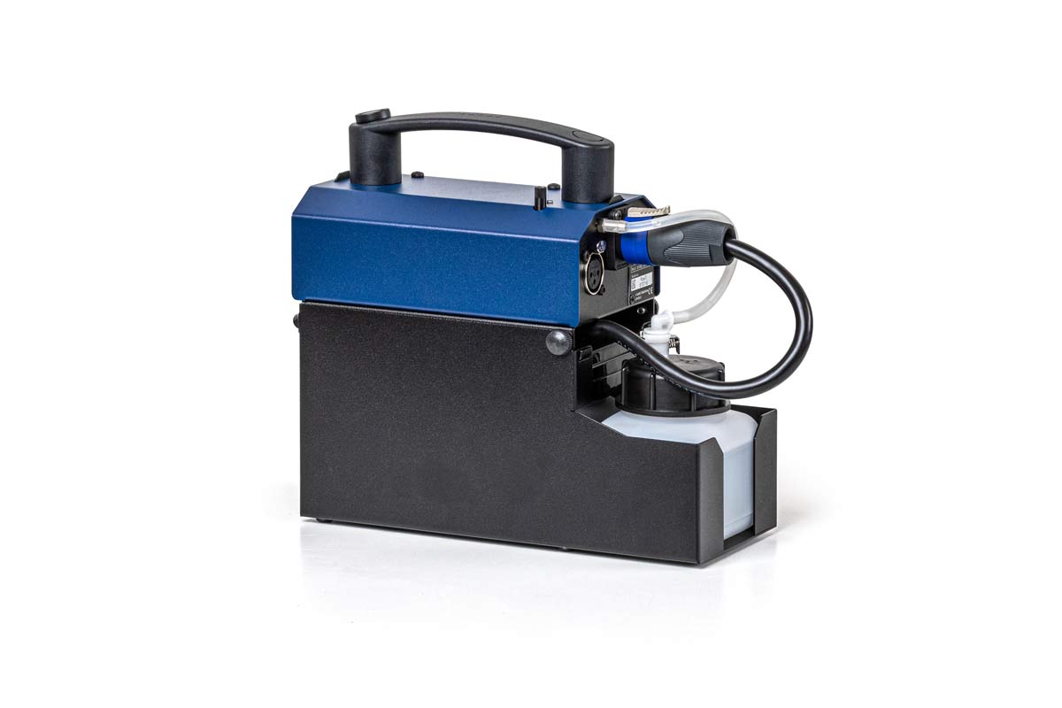 The POWER-TINY Hand Held Small Fog Generator (LOO300) by Look Solutions is a compact blue and black device with a top handle, side hose, transparent base container, and powerful fog output, shown on a white background.