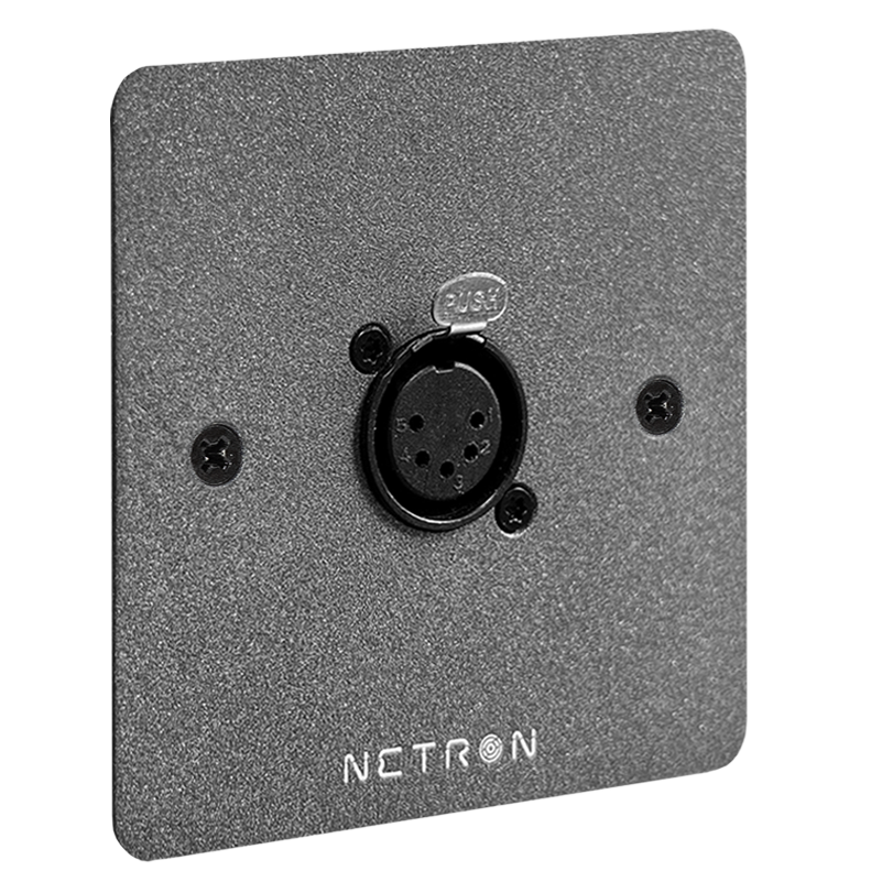 A black Obsidian NETRON WP1DO-EU wall plate by Obsidian Control Systems, featuring a circular four-pin DMX Output connector at the center and a PUSH button above it, mounted on a textured, square faceplate designed for EU in-wall boxes.