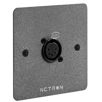 A black Obsidian NETRON WP1DO-EU wall plate by Obsidian Control Systems, featuring a circular four-pin DMX Output connector at the center and a PUSH button above it, mounted on a textured, square faceplate designed for EU in-wall boxes.