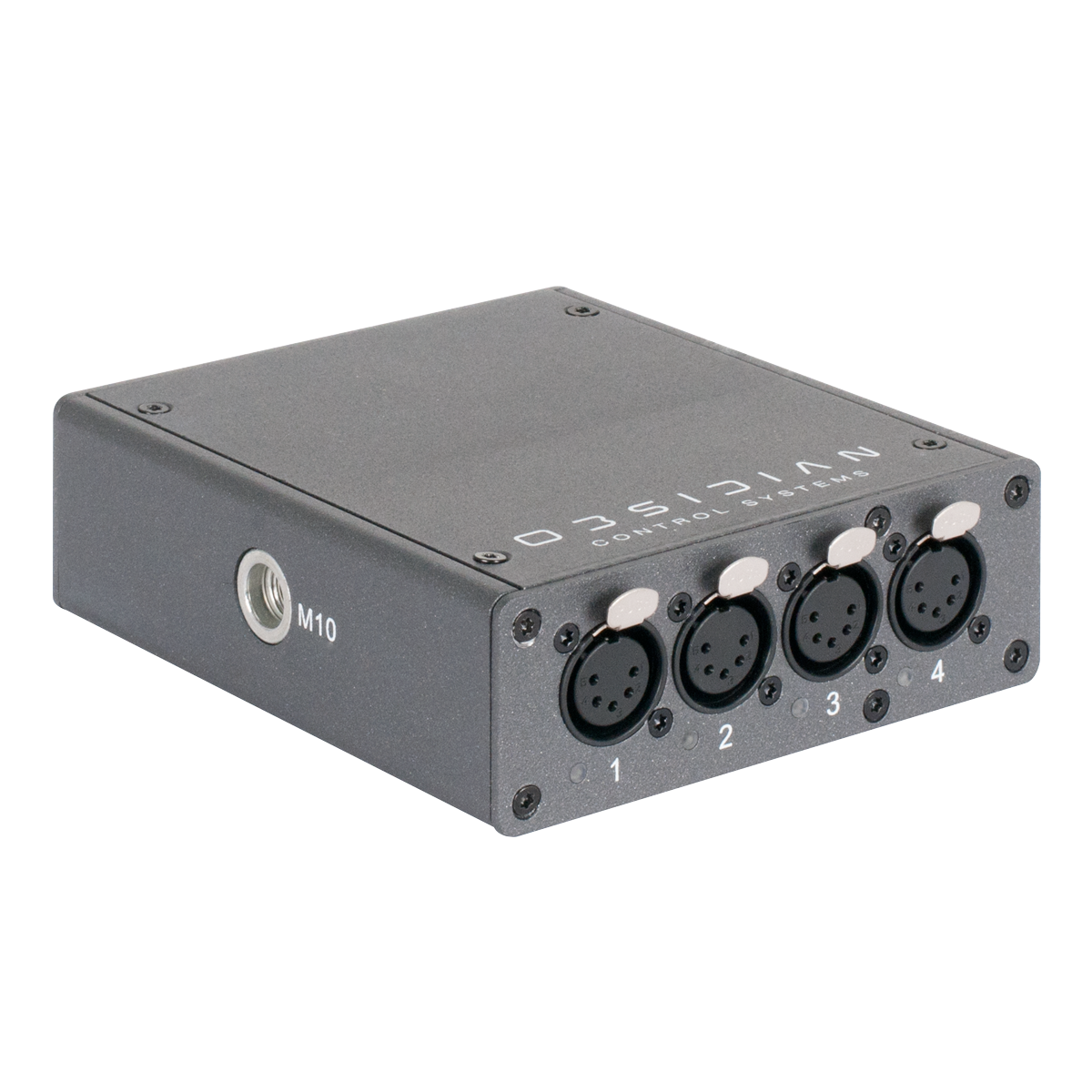 A black electronic device branded Obsidian Control Systems, the NETRON EP4 features four numbered XLR ports on the front with NETRON EP4 and Obsidian Control Systems printed on top. This unit functions as an Ethernet to DMX gateway, is fully RDM compatible, and has a labeled M10 threaded hole on the side.