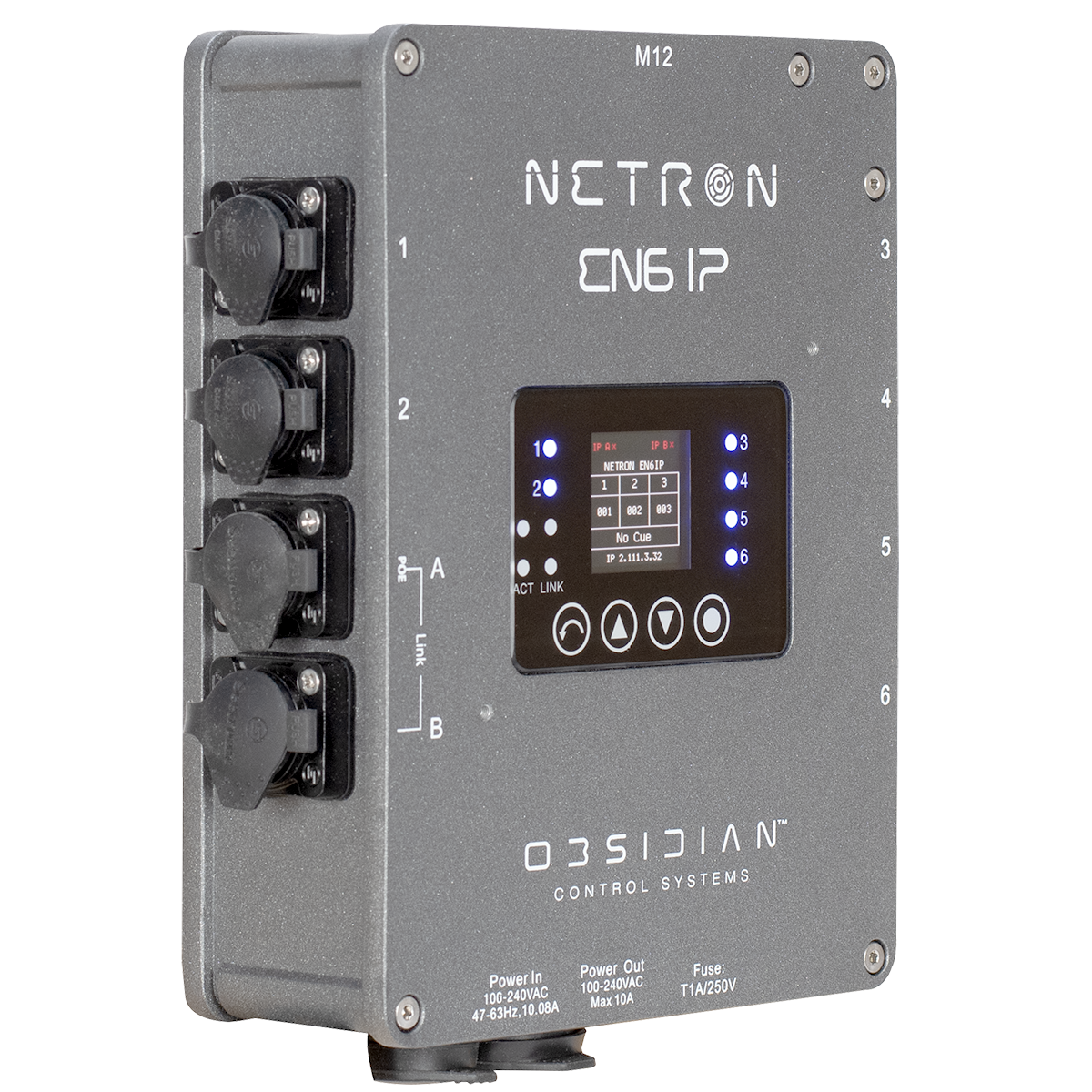 The Obsidian Control Systems NETRON EN6 IP is a gray industrial control box featuring a digital display with blue indicator lights, four covered ports on the left side, and the Obsidian Control Systems branding at the bottom. This Ethernet to DMX gateway is IP66 rated and RDM compatible, providing reliable performance in demanding environments.