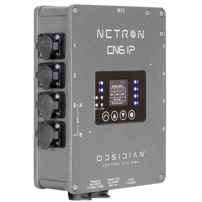 The Obsidian Control Systems NETRON EN6 IP is a gray industrial control box featuring a digital display with blue indicator lights, four covered ports on the left side, and the Obsidian Control Systems branding at the bottom. This Ethernet to DMX gateway is IP66 rated and RDM compatible, providing reliable performance in demanding environments.