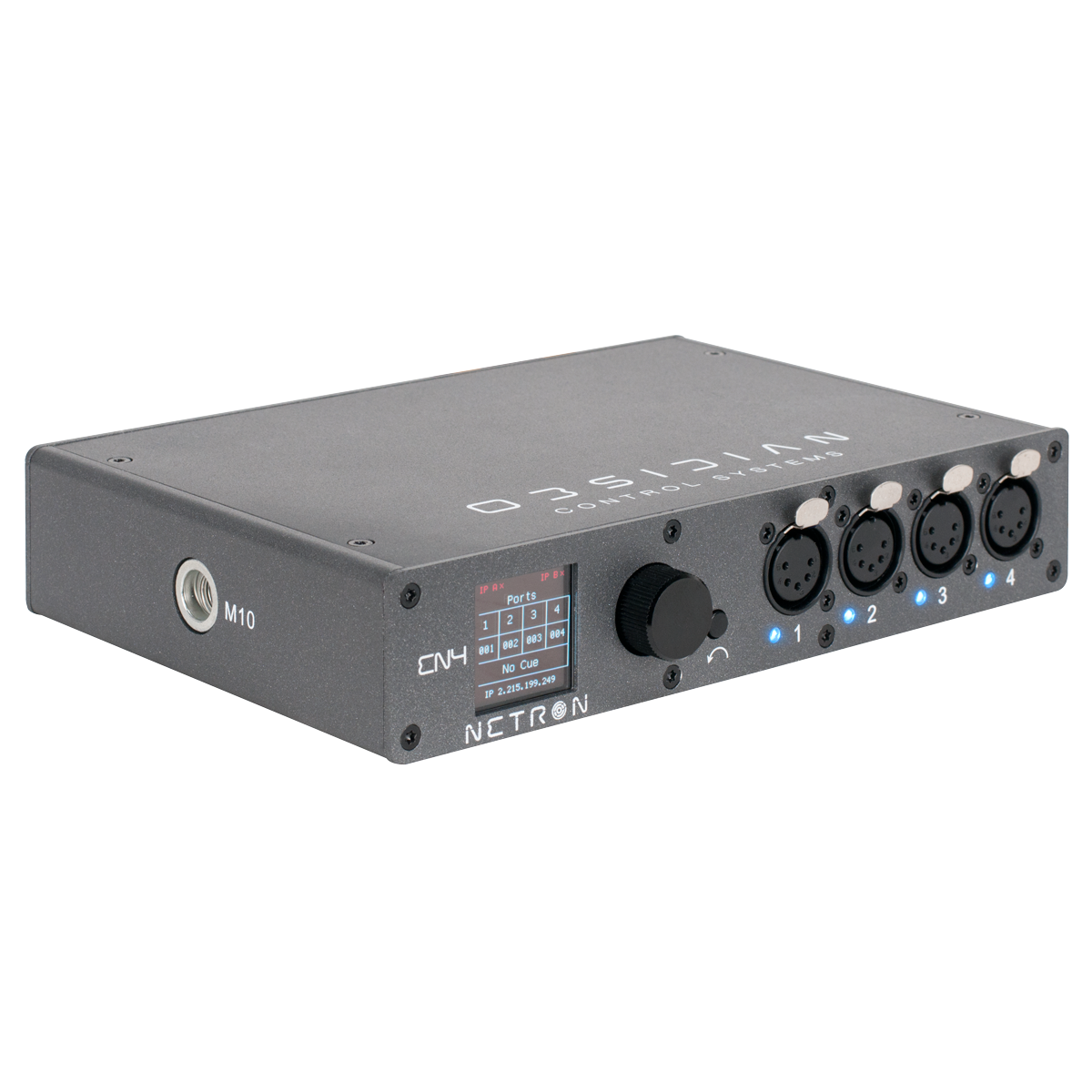 The Obsidian NETRON EN4 from Obsidian Control Systems is a gray, box-shaped DMX interface device featuring four XLR ports, a display screen, control knob, and labeled buttons. Serving as a four-universe node and Ethernet-to-DMX gateway with RDM compatibility, it is shown angled against a plain white background.