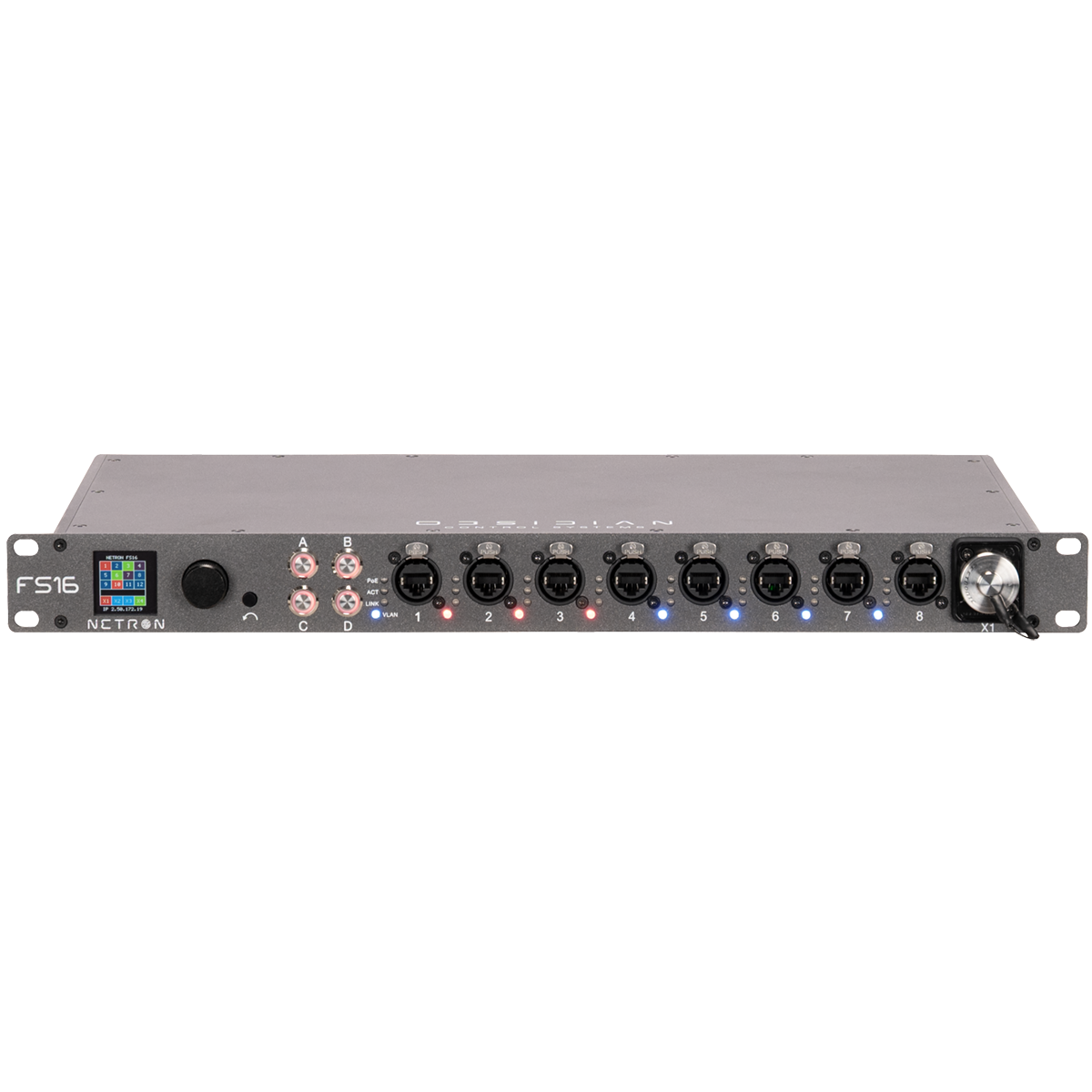 Front view of a black Obsidian NETRON FS16 rackmount network switch audio equipment unit by Obsidian Control Systems, featuring multiple input ports, labeled controls, Gigabit ports, LED indicators, a display screen on the left side, and a large knob on the right.