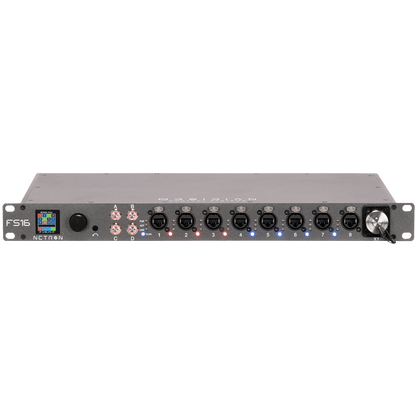 Front view of a black Obsidian NETRON FS16 rackmount network switch audio equipment unit by Obsidian Control Systems, featuring multiple input ports, labeled controls, Gigabit ports, LED indicators, a display screen on the left side, and a large knob on the right.