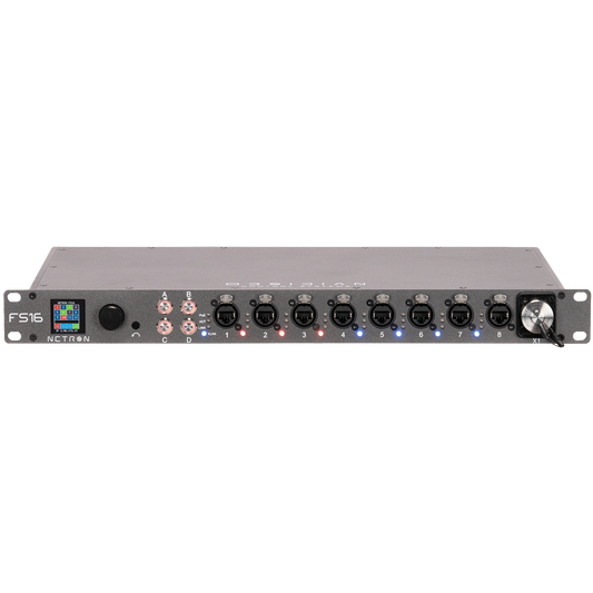Front view of a black Obsidian NETRON FS16 rackmount network switch audio equipment unit by Obsidian Control Systems, featuring multiple input ports, labeled controls, Gigabit ports, LED indicators, a display screen on the left side, and a large knob on the right.