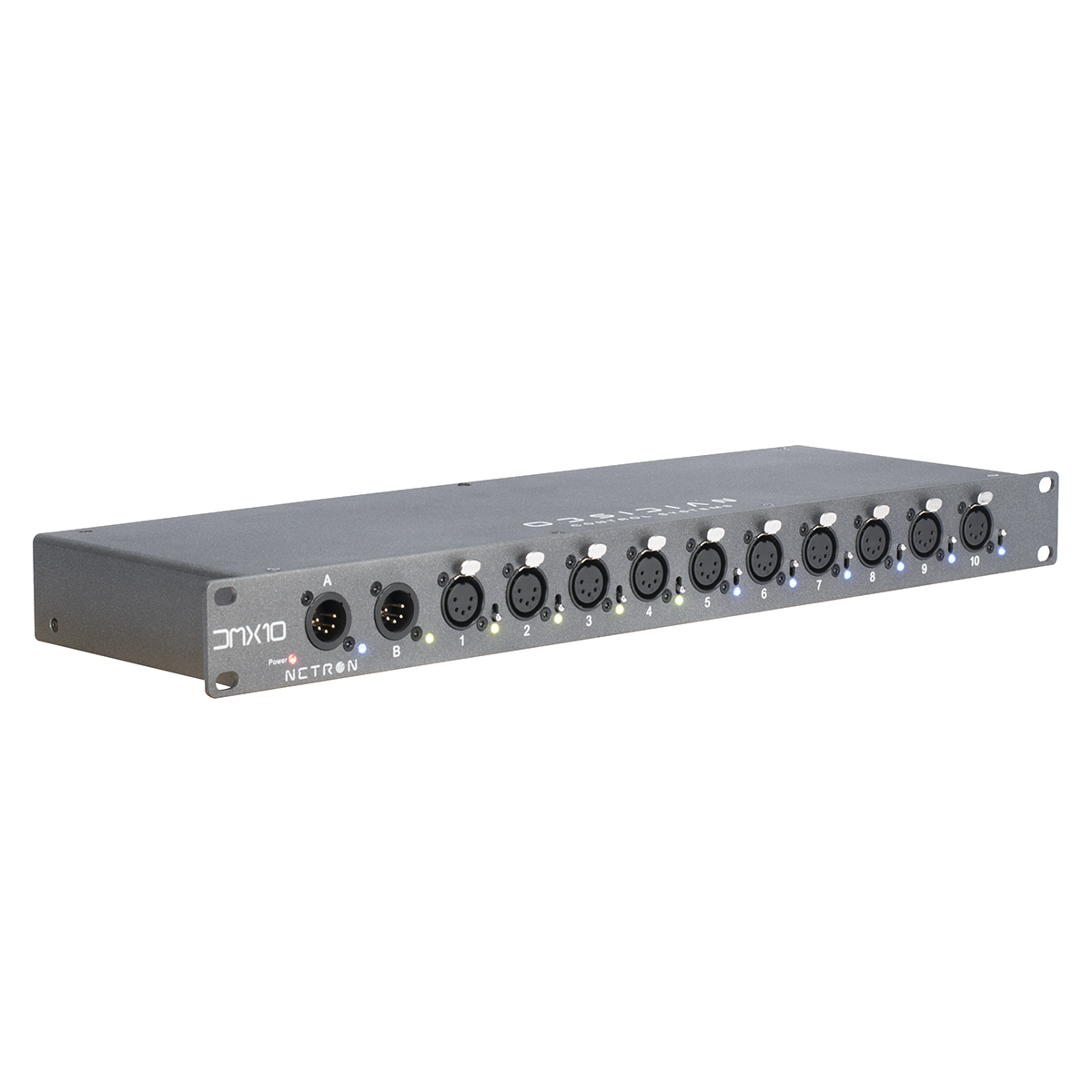 The Obsidian Control Systems NETRON DMX 10-5 is a black rack-mountable DMX splitter featuring ten clearly labeled and evenly spaced DMX input/output ports on the front panel, each with its own dedicated indicator light above. This 10-port unit ensures reliable signal distribution for professional lighting control applications.