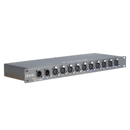 The Obsidian Control Systems NETRON DMX 10-5 is a black rack-mountable DMX splitter featuring ten clearly labeled and evenly spaced DMX input/output ports on the front panel, each with its own dedicated indicator light above. This 10-port unit ensures reliable signal distribution for professional lighting control applications.