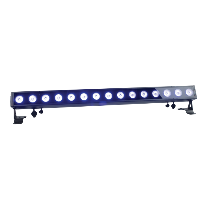 The Showtec Cameleon Bar 15 Q6 Tour RGBWA-UV LED Bar by Showtec is a long, rectangular stage lighting fixture equipped with multiple round bulbs that emit a soft blue-white glow. Featuring two adjustable mounting brackets on each side, it is designed for versatile stage applications and is shown against a plain white background.