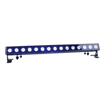 The Showtec Cameleon Bar 15 Q6 Tour RGBWA-UV LED Bar by Showtec is a long, rectangular stage lighting fixture equipped with multiple round bulbs that emit a soft blue-white glow. Featuring two adjustable mounting brackets on each side, it is designed for versatile stage applications and is shown against a plain white background.