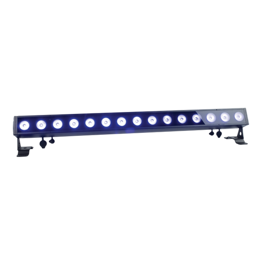 A long, rectangular Showtec Cameleon Bar 15 Q6 Tour RGBWA-UV LED Bar - 395 nm (IP65 rated) featuring multiple illuminated bulbs, mounted on two adjustable black brackets against a plain white background—ideal for professional stage lighting setups.