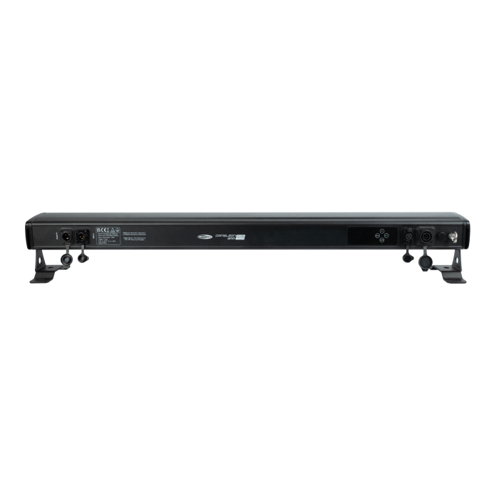 The image displays the rear view of the Showtec Cameleon Bar 15 Q6 Tour RGBWA-UV LED Bar by Showtec, featuring a black IP65-rated design with multiple input and output ports, control buttons, and labels. The unit is supported by angled stands on either side and set against a plain white background.