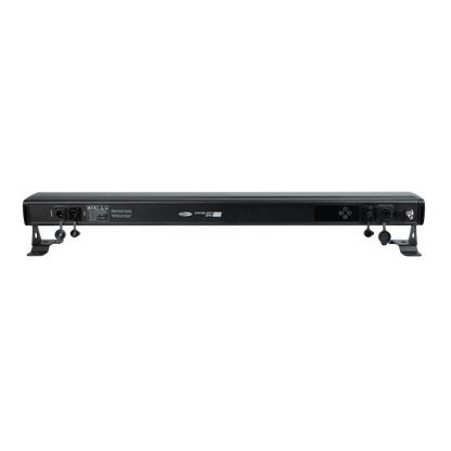 The image displays the rear view of the Showtec Cameleon Bar 15 Q6 Tour RGBWA-UV LED Bar by Showtec, featuring a black IP65-rated design with multiple input and output ports, control buttons, and labels. The unit is supported by angled stands on either side and set against a plain white background.