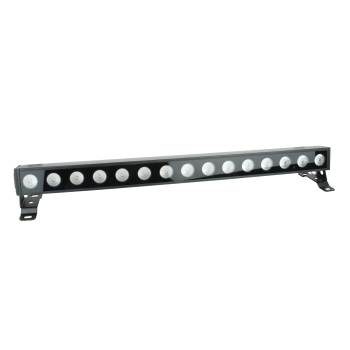 The Showtec Cameleon Bar 15 Q6 Tour RGBWA-UV LED Bar by Showtec is a black IP65-rated LED bar featuring 15 round lights for vehicles or outdoor use. It is supported by two angled metal brackets on each end and displayed against a white background.