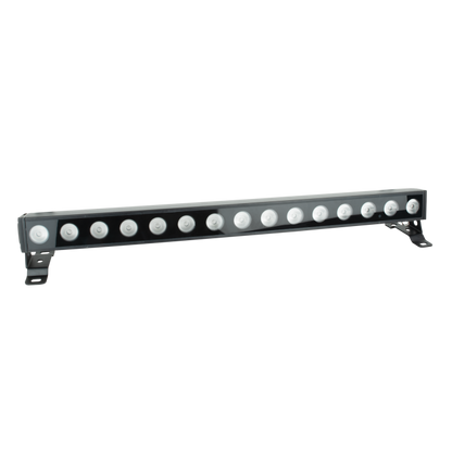The Showtec Cameleon Bar 15 Q6 Tour RGBWA-UV LED Bar by Showtec is a black IP65-rated LED bar featuring 15 round lights for vehicles or outdoor use. It is supported by two angled metal brackets on each end and displayed against a white background.