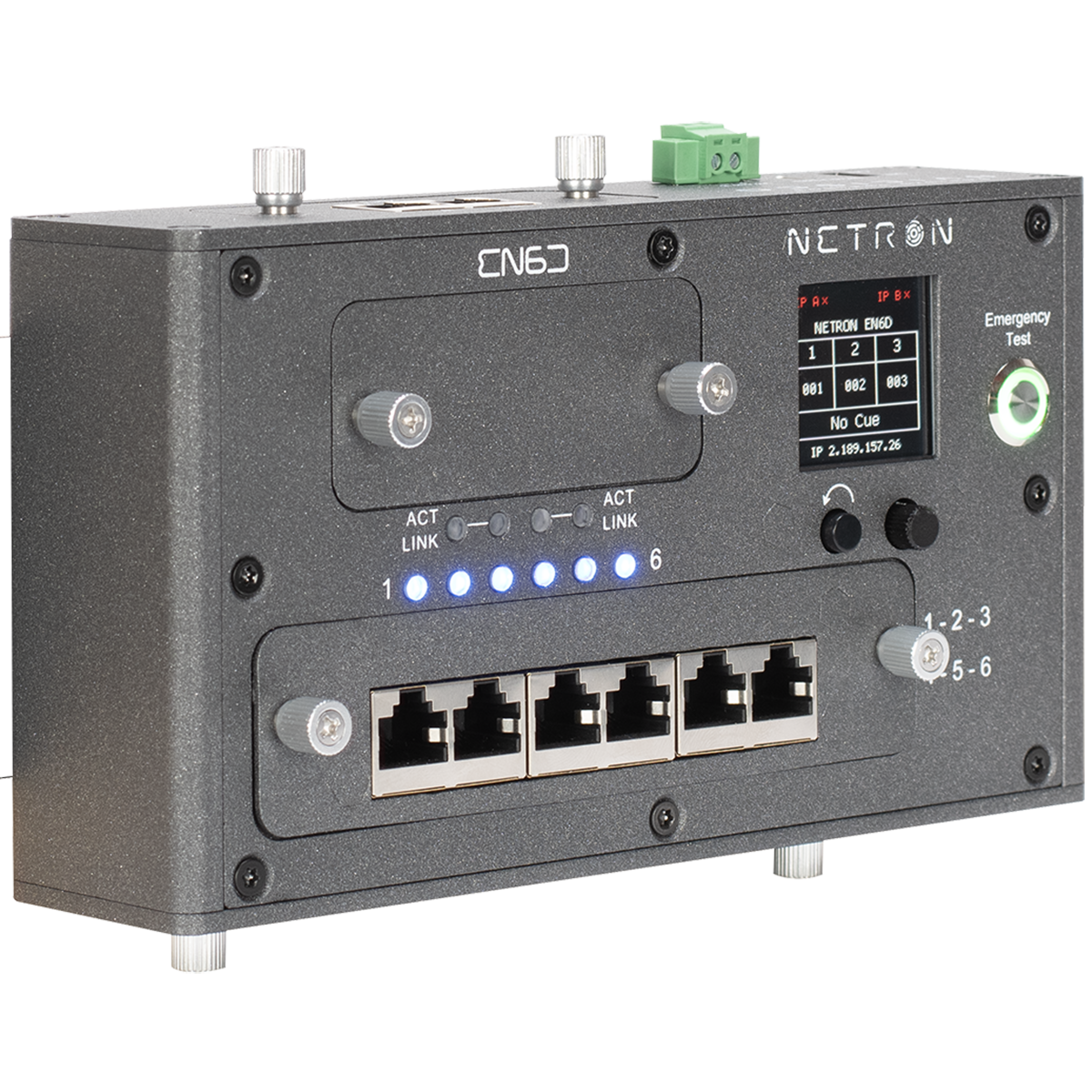 A black Obsidian Control Systems NETRON EN6D device featuring six Ethernet ports, indicator lights, a compact display screen, and a green emergency test button on the front panel. Housed in a robust DIN Rail enclosure, this device supports RDM Artnet and sACN protocols and is enhanced with an ONYX NOVA 4-Universe License for added versatility. The device is shown mounted against a white background.
