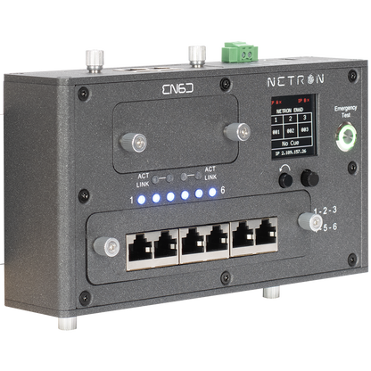A black Obsidian Control Systems NETRON EN6D device featuring six Ethernet ports, indicator lights, a compact display screen, and a green emergency test button on the front panel. Housed in a robust DIN Rail enclosure, this device supports RDM Artnet and sACN protocols and is enhanced with an ONYX NOVA 4-Universe License for added versatility. The device is shown mounted against a white background.