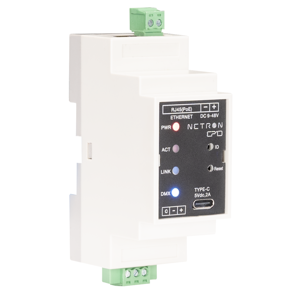 The Obsidian Control Systems NETRON EP1D is a white, rectangular electronic device designed for DIN rail mounting, featuring labeled ports and indicator lights including ETHERNET, DMX, and USB Type-C. This Ethernet-to-DMX gateway supports sACN and Art-Net protocols, is RDM compatible, and includes green terminal blocks visible at the top and bottom.
