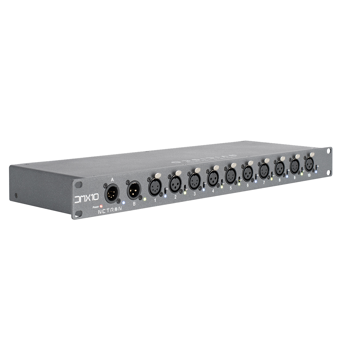 The Obsidian Control Systems NETRON DMX10-53 is a professional metal rackmount DMX splitter unit featuring ten XLR input/output ports labeled 1–10 and one labeled A. Designed for robust audio or lighting connections, the DMX10-53 ensures reliable signal distribution in demanding environments.