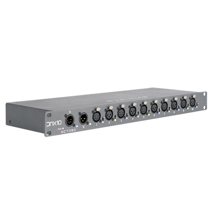 The Obsidian Control Systems NETRON DMX10-53 is a professional metal rackmount DMX splitter unit featuring ten XLR input/output ports labeled 1–10 and one labeled A. Designed for robust audio or lighting connections, the DMX10-53 ensures reliable signal distribution in demanding environments.