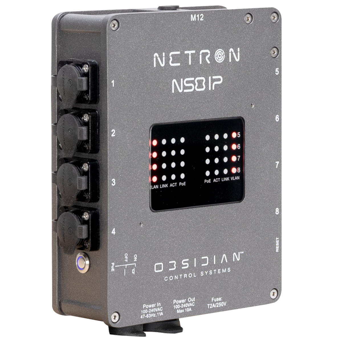 The Obsidian NETRON NS8 IP from Obsidian Control Systems is a robust outdoor network switch in gray, equipped with multiple ports and front-panel LED indicators showing power and network status. Housed in an IP66-rated enclosure and supporting PoE+, it is perfectly suited for demanding exterior installations.