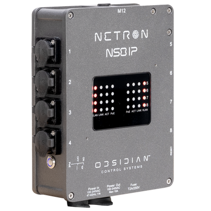 The Obsidian NETRON NS8 IP from Obsidian Control Systems is a robust outdoor network switch in gray, equipped with multiple ports and front-panel LED indicators showing power and network status. Housed in an IP66-rated enclosure and supporting PoE+, it is perfectly suited for demanding exterior installations.