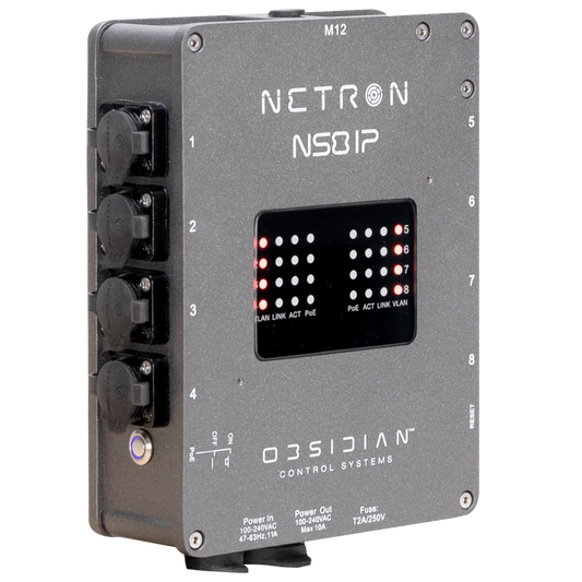The Obsidian NETRON NS8 IP from Obsidian Control Systems is a robust outdoor network switch in gray, equipped with multiple ports and front-panel LED indicators showing power and network status. Housed in an IP66-rated enclosure and supporting PoE+, it is perfectly suited for demanding exterior installations.