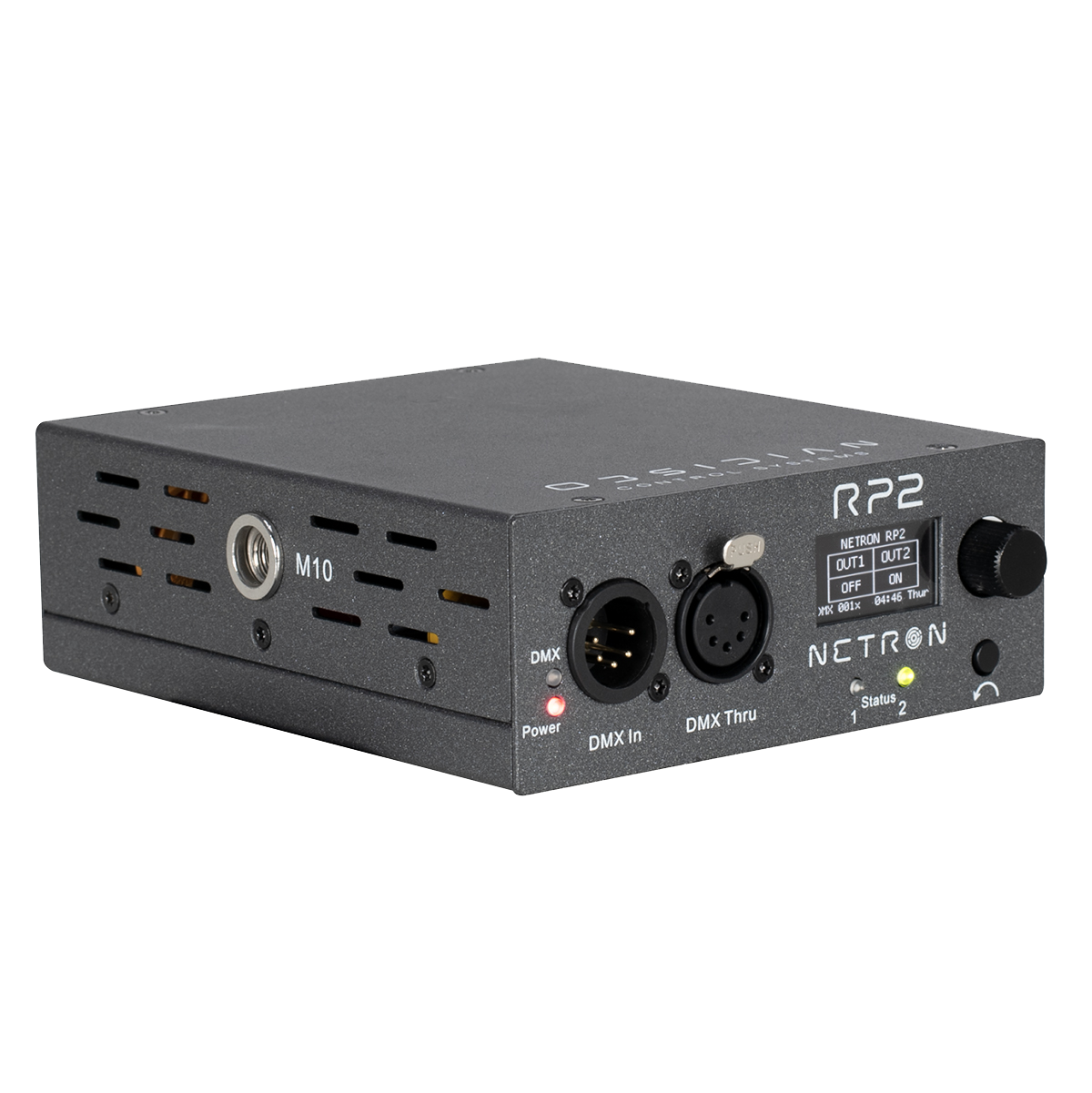 The Obsidian NETRON RP2 by Obsidian Control Systems is a black, rectangular electronic device featuring DMX In, DMX Thru, power input, status LEDs, and a front panel knob. Designed for lighting control systems, it incorporates integrated DMX power relay functionality and advanced system protection to provide smart power sequencing for reliable and safe operation in professional lighting environments.