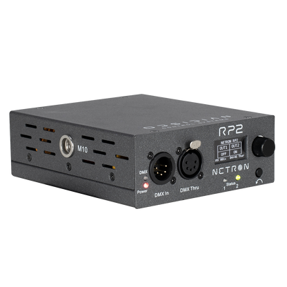 The Obsidian NETRON RP2 by Obsidian Control Systems is a black, rectangular electronic device featuring DMX In, DMX Thru, power input, status LEDs, and a front panel knob. Designed for lighting control systems, it incorporates integrated DMX power relay functionality and advanced system protection to provide smart power sequencing for reliable and safe operation in professional lighting environments.