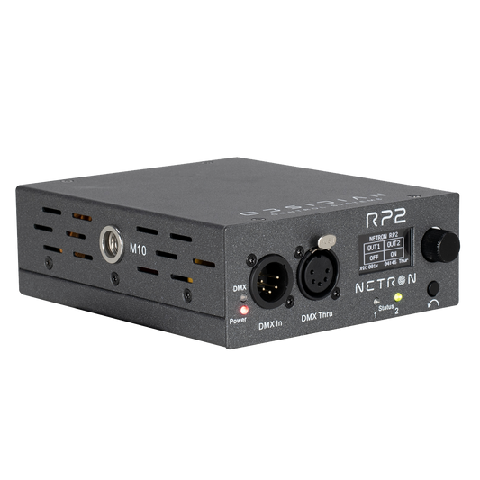 The Obsidian NETRON RP2 by Obsidian Control Systems is a black, rectangular electronic device featuring DMX In, DMX Thru, power input, status LEDs, and a front panel knob. Designed for lighting control systems, it incorporates integrated DMX power relay functionality and advanced system protection to provide smart power sequencing for reliable and safe operation in professional lighting environments.