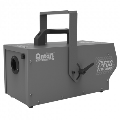 The Antari IP-3000 IP-Rated Fog Machine by Antari features a sturdy handle, front nozzle, and side control panel, providing reliable fog effects for events and performances.