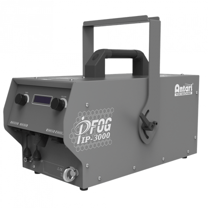 The Antari IP-3000 IP-Rated Fog Machine by Antari features a sturdy handle, control panel, and ventilation grilles. This durable gray unit delivers powerful fog effects, making it ideal for events and productions.