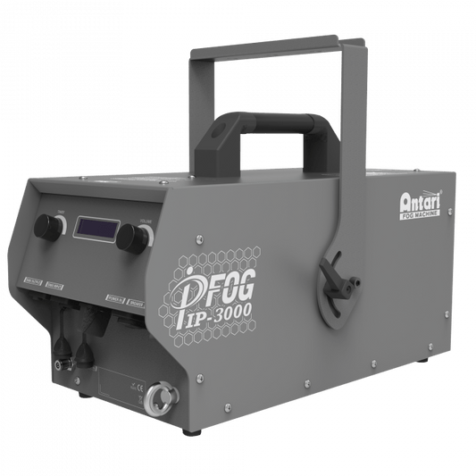 The Antari IP-3000 IP-Rated Fog Machine by Antari features a sturdy handle, control panel, and ventilation grilles. This durable gray unit delivers powerful fog effects, making it ideal for events and productions.
