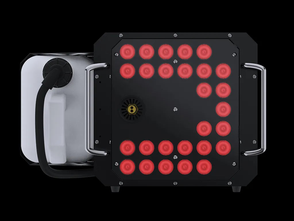 DJ Power DSK-3000VST Super-Jet vertical fog machine with Super-Jet technology, featuring a front panel of red LED lights and an attached external fluid tank.