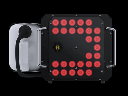 DJ Power DSK-3000VST Super-Jet vertical fog machine with Super-Jet technology, featuring a front panel of red LED lights and an attached external fluid tank.