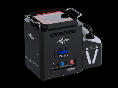 Black vertical DJ Power DSK-3000VST Super-Jet fog machine featuring Super-Jet technology, an LED panel, a rear LCD control interface, and an attached fluid tank for stage productions.