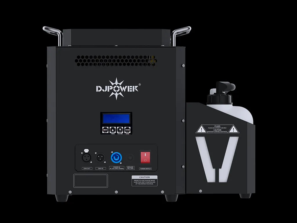 Back panel of the DJ Power DSK-3000VST Super-Jet professional vertical fog machine, featuring a digital display, control buttons, DMX ports, a power switch, and an external fluid reservoir.