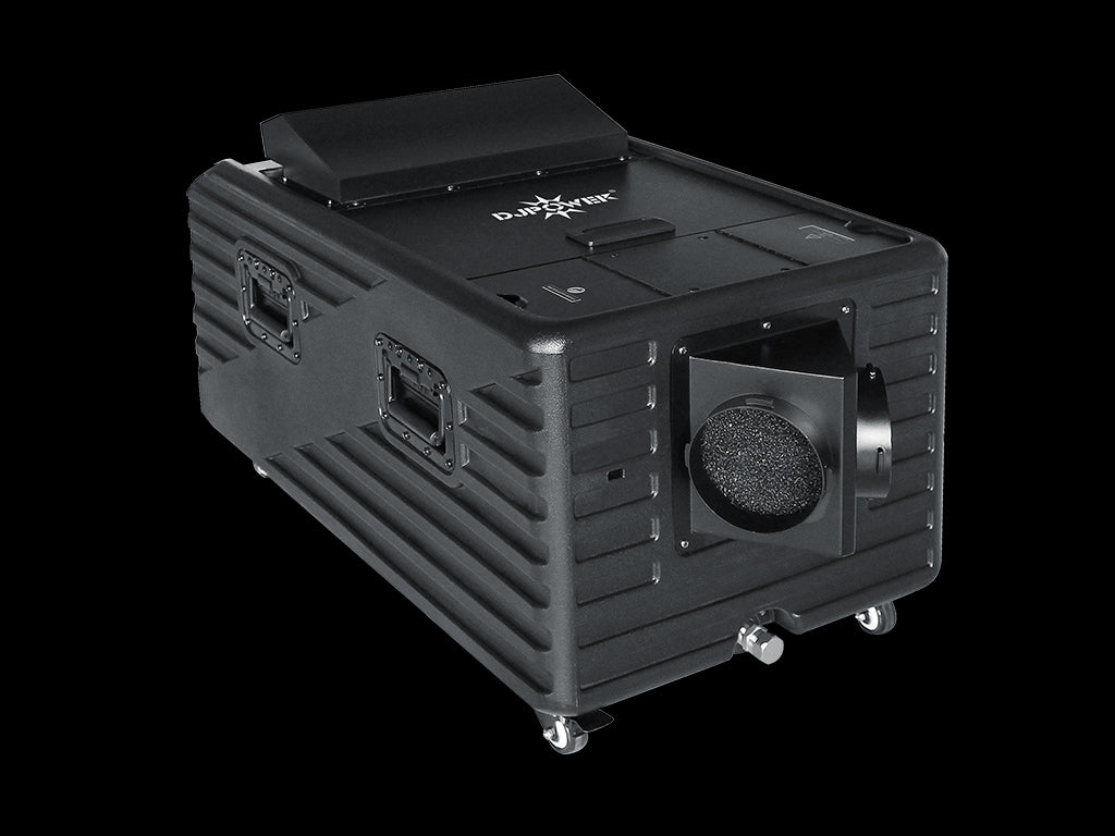 A black DJ lighting equipment case on wheels with handles, a vent, and the DJ Power logo on top, designed to accommodate eco-friendly gear such as the DJ Power AQUA LOW FOG MACHINE that uses ultrasonic technology, shown against a plain black background.