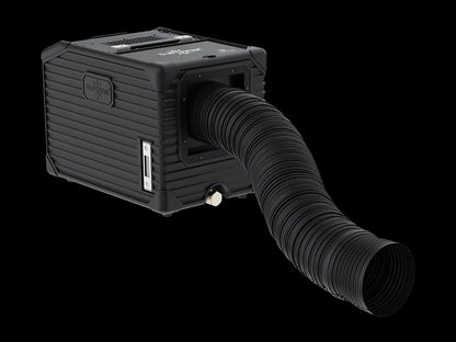 A DJ Power MINI AQUA LOW FOG MACHINE by DJ Power, in black and box-shaped design, is shown with a flexible ribbed hose attached at the front against a black background. The device features a side control panel and a knob.